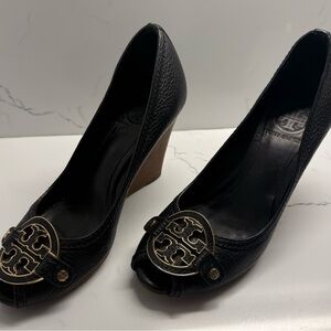 Tory Burch Black Leather Peep-Toe Heels